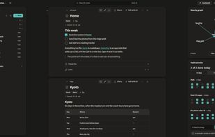 The widget panel keeps a graph of your linked notes and the Habit streaks plugin beside whatever you’re working on.