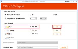 Select Mail or any other Office 365 Mailbox item for backup. Also you can apply filter.