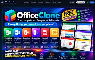 OfficeClone suite overview featuring ExcelClone, WordClone, PointClone, ProjectClone, FreePDF, and KeepAi with AI assistance.