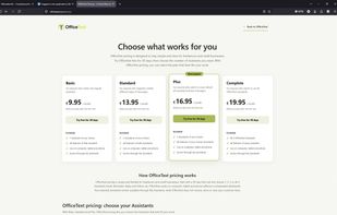 OfficeText pricing page with simple annual plans for freelancers and small businesses.