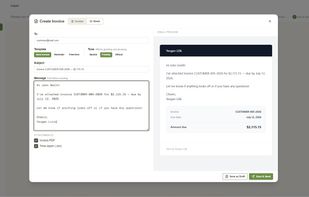 Send email without leaving the app. Attach PDF and time reports, click "Send" and client gets your invoice in 2 minutes!