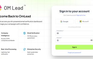 OM Lead login page providing secure access to the AI-powered email verification dashboard with features like company intelligence, real-time processing, and enterprise-level security.