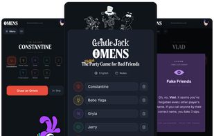 Omens game start screen (center), game in progress (left) and Charm card drawn (right).