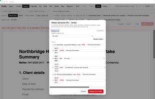 Redact personal info: detected emails, phone numbers, bank and card numbers are reviewed and coded before anything is removed