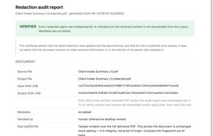 The signed audit report: hashes, seal, key fingerprint and a per-region verification table
