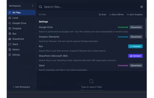 Cloud service integration settings — Connect Google Drive, Dropbox, Box, SharePoint, Slack, Notion, and GitHub to search all your files from one place. Privacy-first: file contents are never downloaded or stored locally.