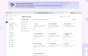 AI Agents That Take Actions:
Enhance your AI agents with specialized tools. Search LinkedIn, schedule meetings, extract web data, and more - add powerful actions to your agents instantly.