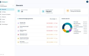 Dashboard: 23 active contracts, 719.93 € a month, the next cancellation dates and costs by category.
