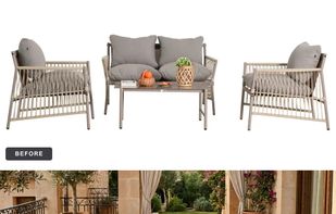 Before/after: an outdoor lounge set staged into a sunlit Mediterranean terrace — same furniture, real lifestyle setting.