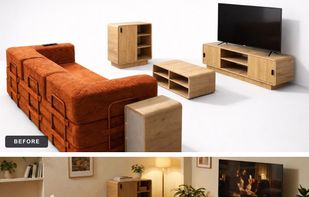 Before/after: a plain product photo of a modular corduroy sofa transformed into a warm, styled living room scene.