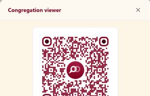 Congregation viewer share dialog. Copy a QR code or URL for phones, ProPresenter, PowerPoint, or a bulletin so the room can open live translation immediately.