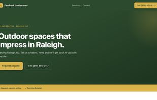 A landscaping website in Raleigh, showing the quote and call buttons.