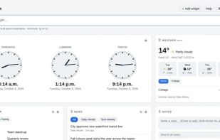 Clocks, weather, calendars, news and notes on one page (light theme)