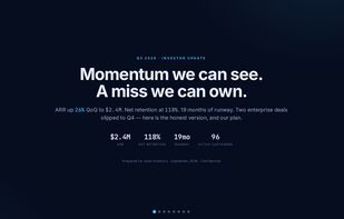 AI-generated investor update deck — real figures from a spreadsheet, kept to the decimal