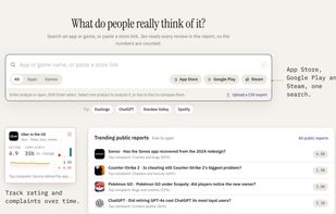 Search any app or game on the App Store, Google Play or Steam, or open a public report without an account.