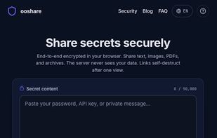  The landing page is the tool itself. Paste a password or API key into the text area, or drag in a file up to 10 MB — images, PDFs, or archives. Choose when it expires (1–72 hours), and get a link that self-destructs after one view — encrypted in your browser before it ever reaches the server.