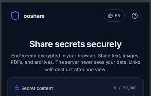  The landing page is the tool itself. Paste a password or API key into the text area, or drag in a file up to 10 MB — images, PDFs, or archives. Choose when it expires (1–72 hours), and get a link that self-destructs after one view — encrypted in your browser before it ever reaches the server.