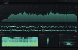 The spectrum tab: spectrum analyzer, spectrogram, oscilloscope and stereo cloud on the same 24 column grid.