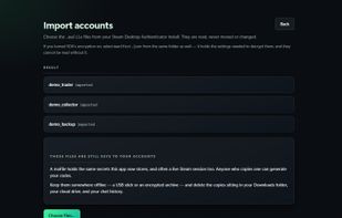 Import existing Steam Desktop Authenticator maFiles without moving or modifying them.