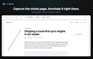 A full-page capture opened in the built-in editor — add arrows, text and blur, then export to PNG or PDF. Nothing is uploaded at any point.