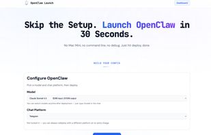 Visual configurator — pick your AI model, chat platform, and deploy with one click. No CLI or config files needed.