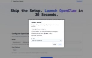 Guided bot setup — connect your Telegram or Discord bot token in simple steps.
