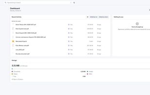 Dashboard: recent activity, items waiting for your action (signatures, workflow tasks, access requests) and storage usage.