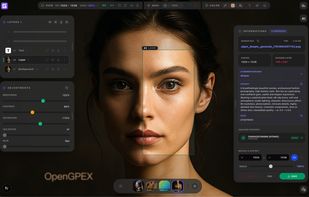 OpenGPEX editor workspace with a multi-layer composition featuring AI-generated content. Left panel shows layer stack and real-time adjustments (Brightness, Contrast, Saturation, etc.). Right panel displays AI generation metadata, prompt, seed, and export options. Bottom dock enables quick multi-document navigation. Runs entirely in the browser — no install, no upload.