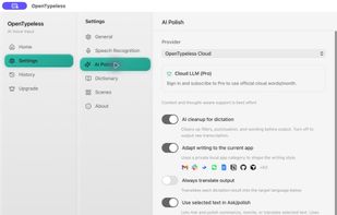 App-aware AI Polish profiles adjust writing style for the active desktop application.