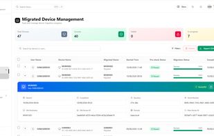 Opsole Migrate device migration dashboard showing migration progress, pre-check status, successful and in-progress devices, migration duration, device details, and centralized migration logs.

