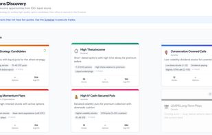Options Discovery surfaces curated trade ideas across 100+ liquid stocks using prebuilt scans. Strategies include wheel candidates, high theta income, conservative covered calls, high-IV cash-secured puts, and momentum plays.