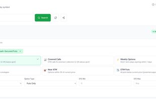 Options Finder allows traders to search and filter option contracts by symbol using strategy-focused presets such as cash-secured puts, covered calls, weekly options, and near-ATM setups.