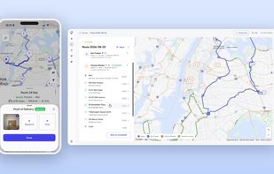 Proof of delivery in the Optiway driver app — a photo, signature or note attached to a completed stop — alongside the dispatch board tracking route progress as drivers work.
