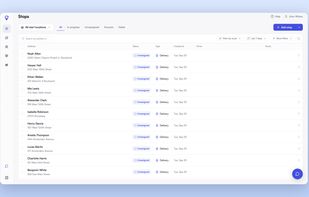 Stop list in the Optiway web platform: addresses imported from a spreadsheet, delivery type, status and assigned driver, with filters and one-click assignment to any driver.
