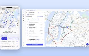Optiway dispatch board with one route split across three drivers, each with their own stop sequence and arrival times, next to the driver app showing the same optimized route with turn-by-turn navigation.