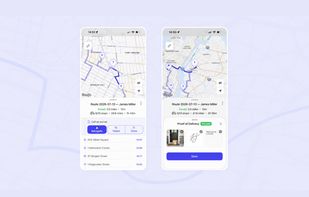 Optiway mobile driver app showing an optimized route, stop list, navigation details, delivery status, and proof-of-delivery options for completing stops in the field.