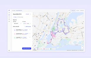 Optiway web dispatch dashboard showing optimized multi-driver routes on an interactive map, with assigned drivers, stop sequences, route details, and one-click route creation.