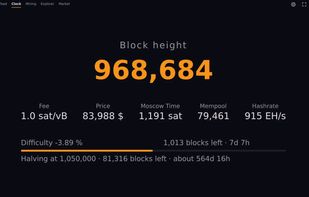 Block height clock with fee, price, mempool size and hashrate, made for a spare screen.