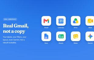 The real Gmail web UI per account, plus Calendar, Drive, Meet and Gemini