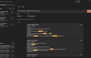 Search PDFs with hybrid and exact phrase modes and inspect matching passages.