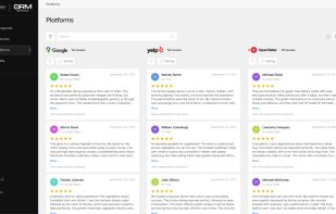 Reviews from Google, Yelp, OpenTable, and other platforms in a single feed, with response status for each.