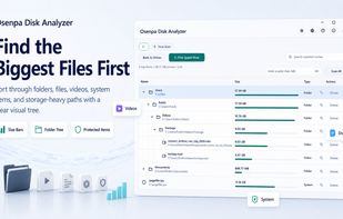 Find the biggest files and folders first with a visual storage tree, size bars, file type labels, and protected system item indicators.