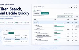 Filter results by size, search scanned file names, and open browser-based lookups to understand files before deciding what to delete.