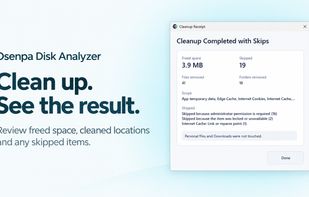 Product visual: review freed space, processed locations and skipped items in the cleanup receipt; results vary by scan and access.