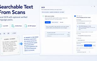 Use local OCR to turn scanned PDFs, image-only PDFs, and photos into copyable or searchable text. Optional verified language packs help read documents in multiple languages while your files stay on your device.