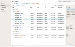 VMs from two Google accounts in one table, with the selected VM's details and actions.