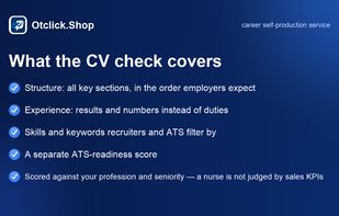 What the CV check covers: structure, results, keywords, ATS readiness
