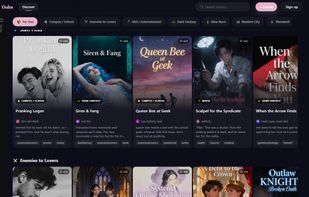 Browse story covers, creators, summaries, and romance tropes in Ouba's web catalogue. Screenshot from August 2026.
