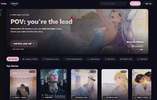 Ouba's web homepage: discover interactive romance stories by genre and trope. Screenshot from August 2026.