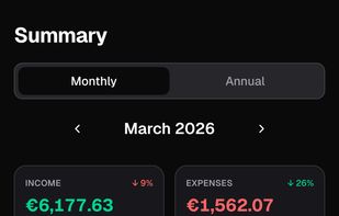 Monthly summary with 50/30/20 budget split